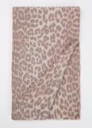 Ganni Ribgebreide sjaal in wolblend met panterprint 180 x 25 cm