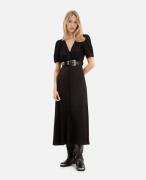 Robe midi col V à pois jacquard, manches courtes