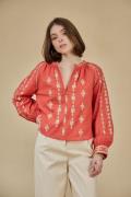 Blouse brodée ethnique, manches longues, col V